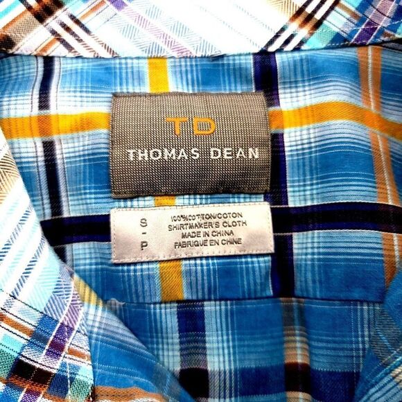Thomas Dean Small Blue Yellow Windowpane Flip‎ Cuff Button Front Dress Shirt - Picture 8 of 9